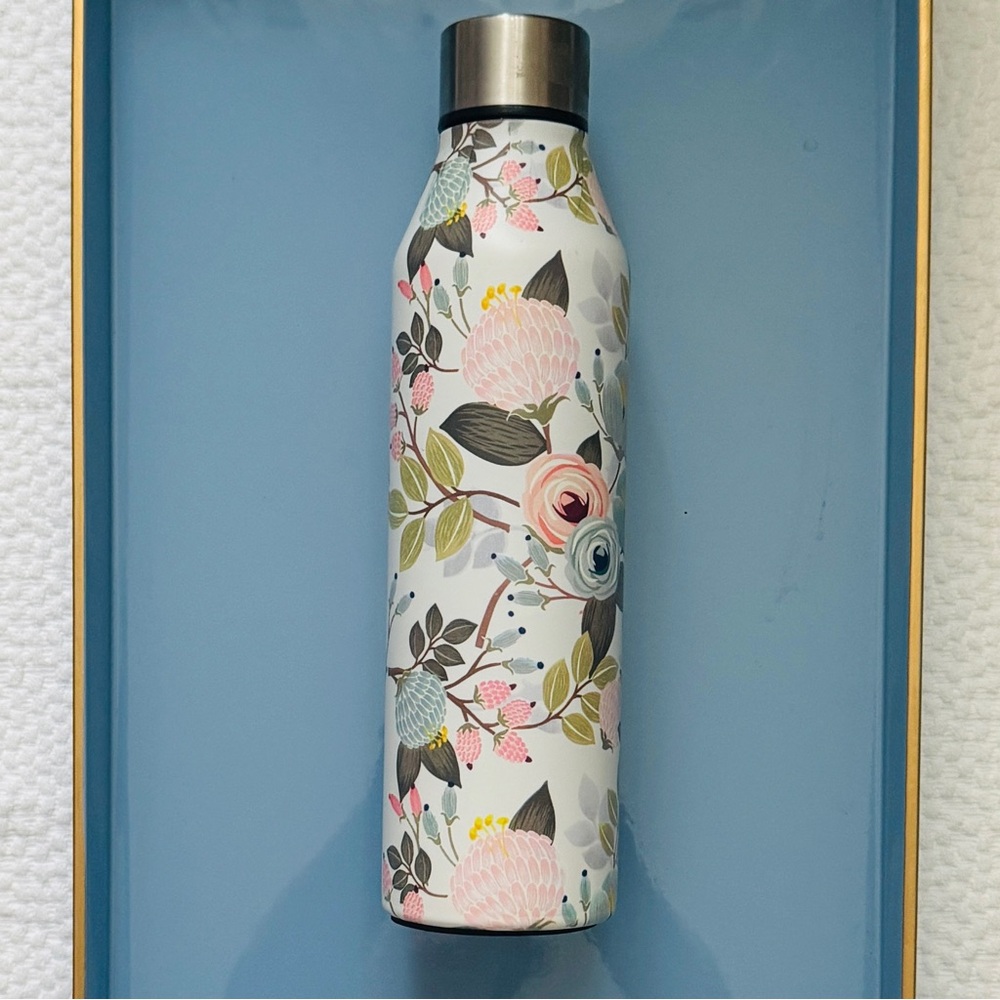 Mary Square Floral Stainless Steel Water Bottle - White with Pink & Green Floral